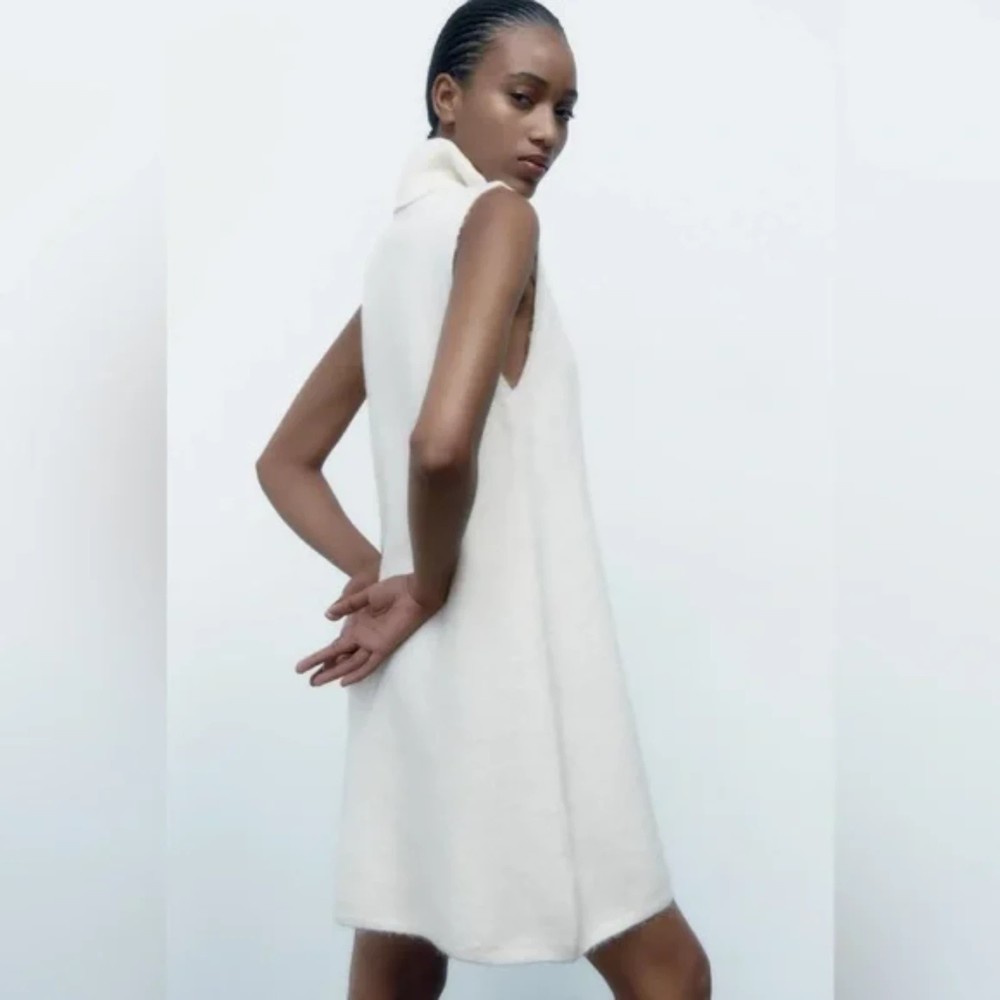 Zara Knit Turtleneck Mini Sweater Dress Cream White Size Small - Picture 3 of 7